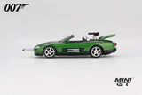 Mini GT James Bond Die Another Day Jaguar XKR green LHD prototype with long silver blade extended from the front bumper, raised boot lid and rear mounted gun
