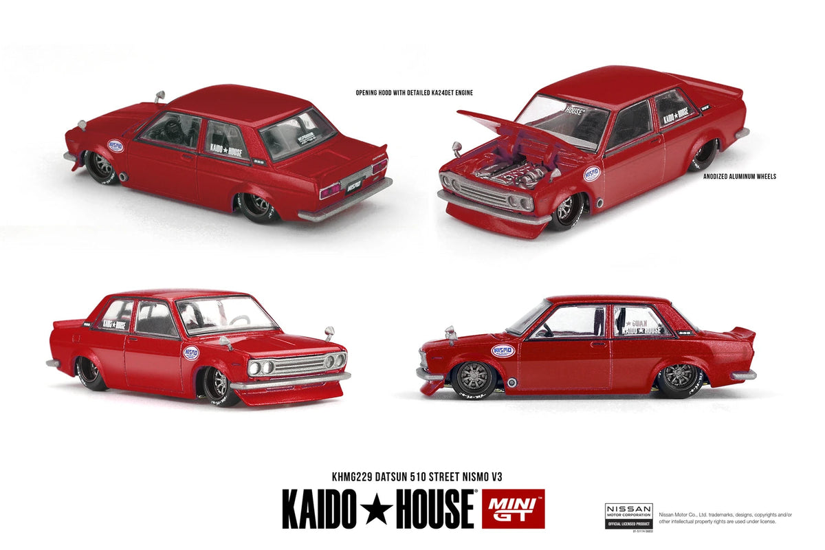Mini GT x Kaido House Datsun 510 Street Nismo V3 shown from front, rear, side and open bonnet views