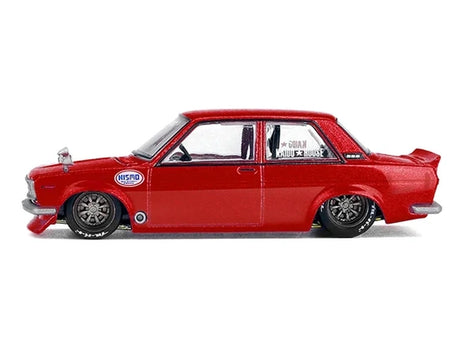 Mini GT x Kaido House Datsun 510 Street Nismo V3 side profile showing the red metallic body, Nismo graphics and alloy wheels