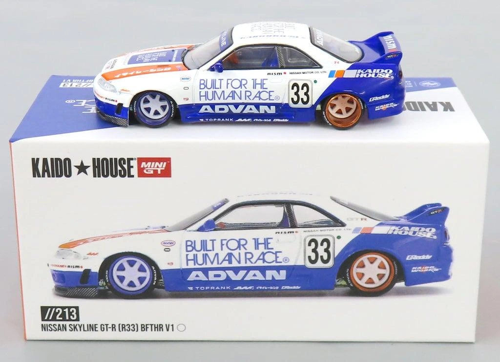 Mini GT x Kaido House Nissan Skyline GT-R R33 BFTHR V1 displayed on its Kaido House Mini GT presentation box