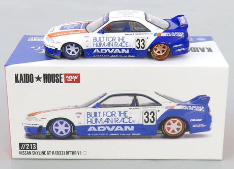 Mini GT x Kaido House Nissan Skyline GT-R R33 BFTHR V1 displayed on its Kaido House Mini GT presentation box
