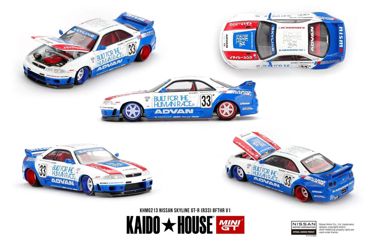 Mini GT x Kaido House Nissan Skyline GT-R R33 BFTHR V1 shown from five angles including side, front, rear, overhead and open bonnet views