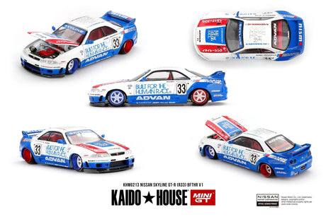 Mini GT x Kaido House Nissan Skyline GT-R R33 BFTHR V1 shown from five angles including side, front, rear, overhead and open bonnet views