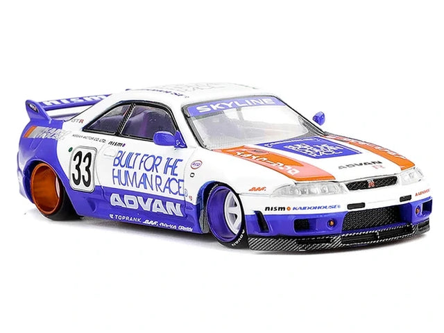 Mini GT x Kaido House Nissan Skyline GT-R R33 BFTHR V1 front three-quarter view showing the white, blue and orange race livery and front splitter