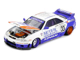Mini GT x Kaido House Nissan Skyline GT-R R33 BFTHR V1 front three-quarter view with bonnet open showing the engine detail