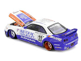 Mini GT x Kaido House Nissan Skyline GT-R R33 BFTHR V1 rear three-quarter view showing the blue rear bodywork, large wing and number 33 graphics