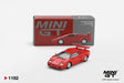 Mini GT Lamborghini Countach 25th Anniversary Red LHD 1:64 diecast model displayed with its collector box, showing the wedge shaped body, silver wheels, front headlights and rear wing.