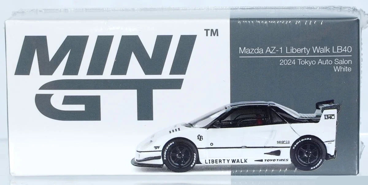 Mini GT Mazda AZ-1 Liberty Walk LB40 Tokyo Auto Salon 2024 retail box showing the white model in side profile