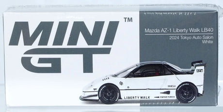 Mini GT Mazda AZ-1 Liberty Walk LB40 Tokyo Auto Salon 2024 retail box showing the white model in side profile