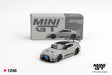 Mini GT Nissan LB-Silhouette WORKS GT 35GT-RR Ver.1 Matt Grey displayed with its collector box, showing black racing wheels, blue front grille accent, widebody styling and large rear wing. Promotional image labelled LHD version shown.