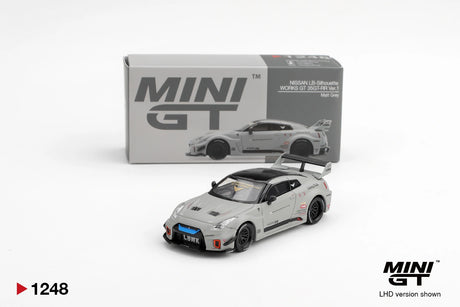 Mini GT Nissan LB-Silhouette WORKS GT 35GT-RR Ver.1 Matt Grey displayed with its collector box, showing black racing wheels, blue front grille accent, widebody styling and large rear wing. Promotional image labelled LHD version shown.