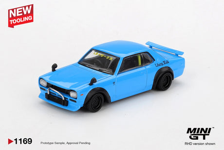 Front three quarter view of Mini GT Nissan LB Works Hakosuka Baby Blue showing the front grille, bumper guard, black wheels, widened arches and rear spoiler