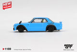 Side profile of Mini GT Nissan LB Works Hakosuka Baby Blue showing black wheel arches, Liberty Walk graphics, black wheels and rear spoiler