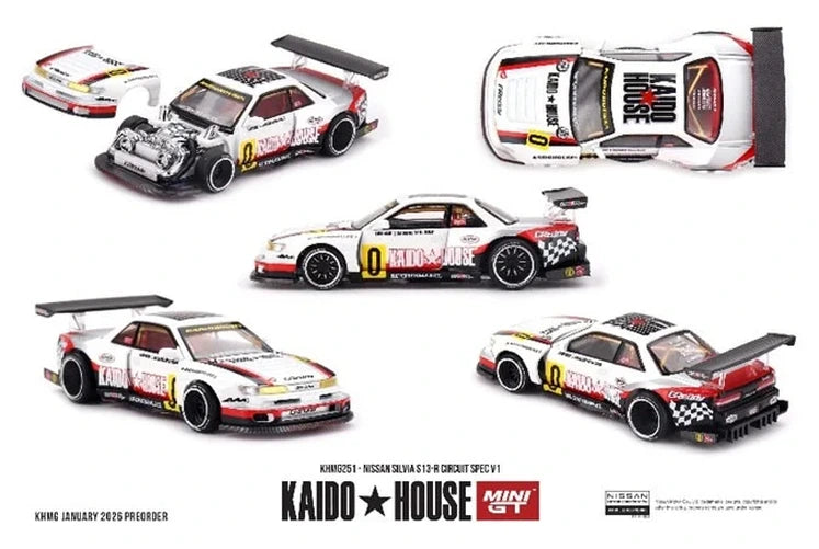 Mini GT Nissan Silvia S13-R Circuit Spec V1 shown from five views including side, front, rear, overhead and exposed engine