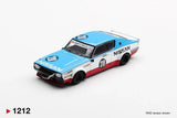 Front three quarter view of Mini GT Nissan Skyline Kenmeri Liberty Walk Nissan Racing '75 Concept RHD showing blue bonnet, Nissan graphics, black wheels, front spoiler and race number 28