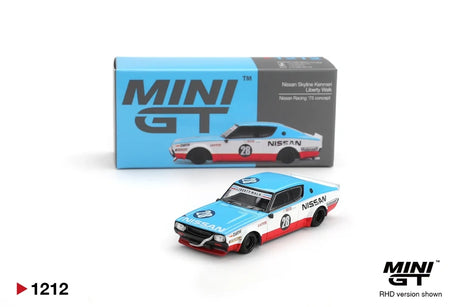 Mini GT Nissan Skyline Kenmeri Liberty Walk Nissan Racing '75 Concept RHD diecast car in blue, white and red with number 28 graphics, displayed in front of its Mini GT collector box