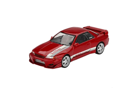 Mini GT Nissan Skyline GT-R R32 VeilSide Combat C-I Gem Red RHD front three-quarter view showing the VeilSide body kit and rear wing