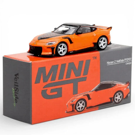 Mini GT Nissan Z VeilSide FFZ400 Orange RHD displayed on its Mini GT VeilSide presentation box