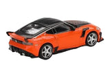 Mini GT Nissan Z VeilSide FFZ400 Orange RHD rear three-quarter view showing the rear wing, diffuser and wide rear bodywork