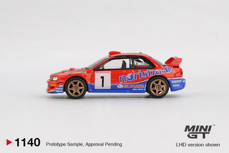 Side profile of Mini GT Subaru Impreza WRC97 No.1 1999 DRM Champion LHD showing Norisbank graphics, race number 1, gold wheels and rear wing