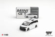Mini GT Toyota Vellfire 40 KUHL White 1:64 diecast model shown from the front with its collector box, black grille and custom wheels. Promotional image labelled LHD version shown.