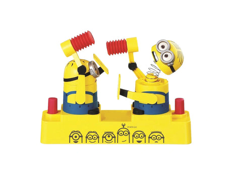 Two Minions holding red and yellow hammers on the Minions Hammer POP game base