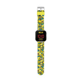 Full view of Minions LED watch showing bright yellow strap with fun Minion characters and red display in Ireland.