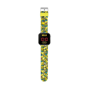 Minions LED watch with red digital display, square silver casing and yellow printed silicone strap in Ireland.