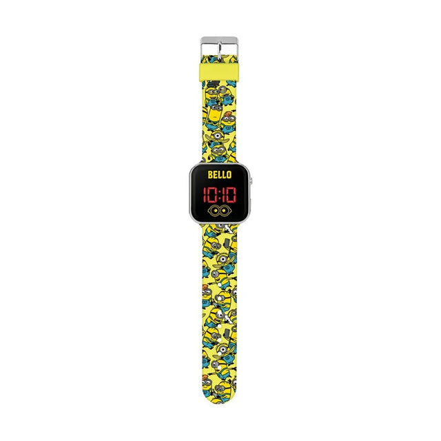 Minions LED watch with red digital display, square silver casing and yellow printed silicone strap in Ireland.