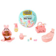 Miniverse Make It Mini Real Baby Nurture turquoise surprise capsule displayed with a miniature baby in a pink bunny hooded towel, pink bunny bath, bottle, animal face basket and tiny baby care accessories.