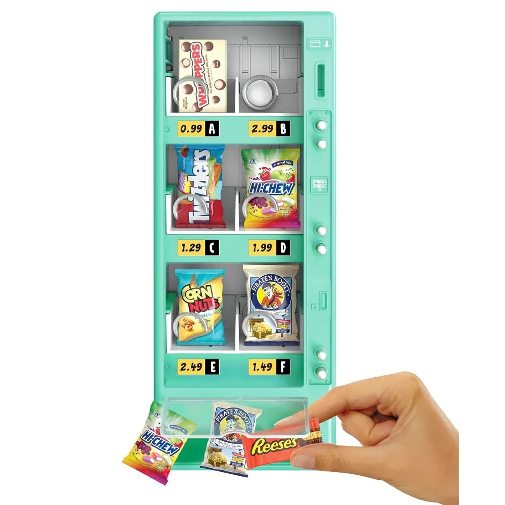Teal Miniverse Real Brands Vending Machine with miniature snack packets displayed behind its clear front panels, selection buttons and branded snacks beside the base.