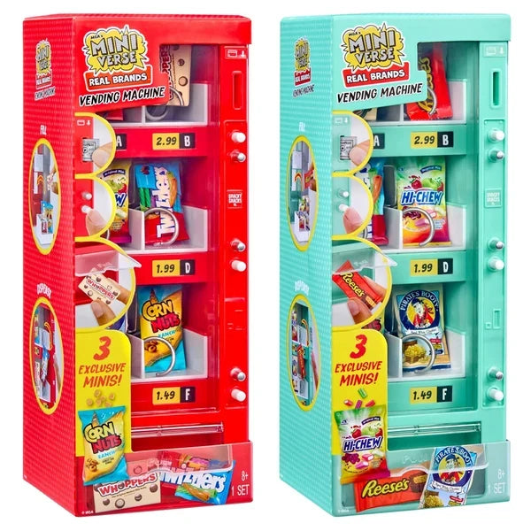 MGA's Miniverse Real Brands Vending Machines in red and teal, displayed side by side with miniature branded snacks, clear display windows, buttons and 3 Exclusive Minis labels.