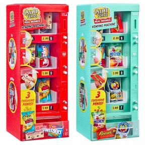 MGA's Miniverse Real Brands Vending Machines in red and teal, displayed side by side with miniature branded snacks, clear display windows, buttons and 3 Exclusive Minis labels.