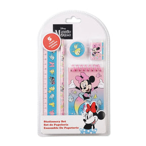 Minnie Mouse 5 Piece Stationery Set front pack showing the notebook, pencil, ruler, eraser and sharpener