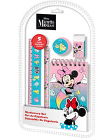 Minnie Mouse 5 Piece Stationery Set in clear packaging with notebook, pencil, ruler, eraser and sharpener visible