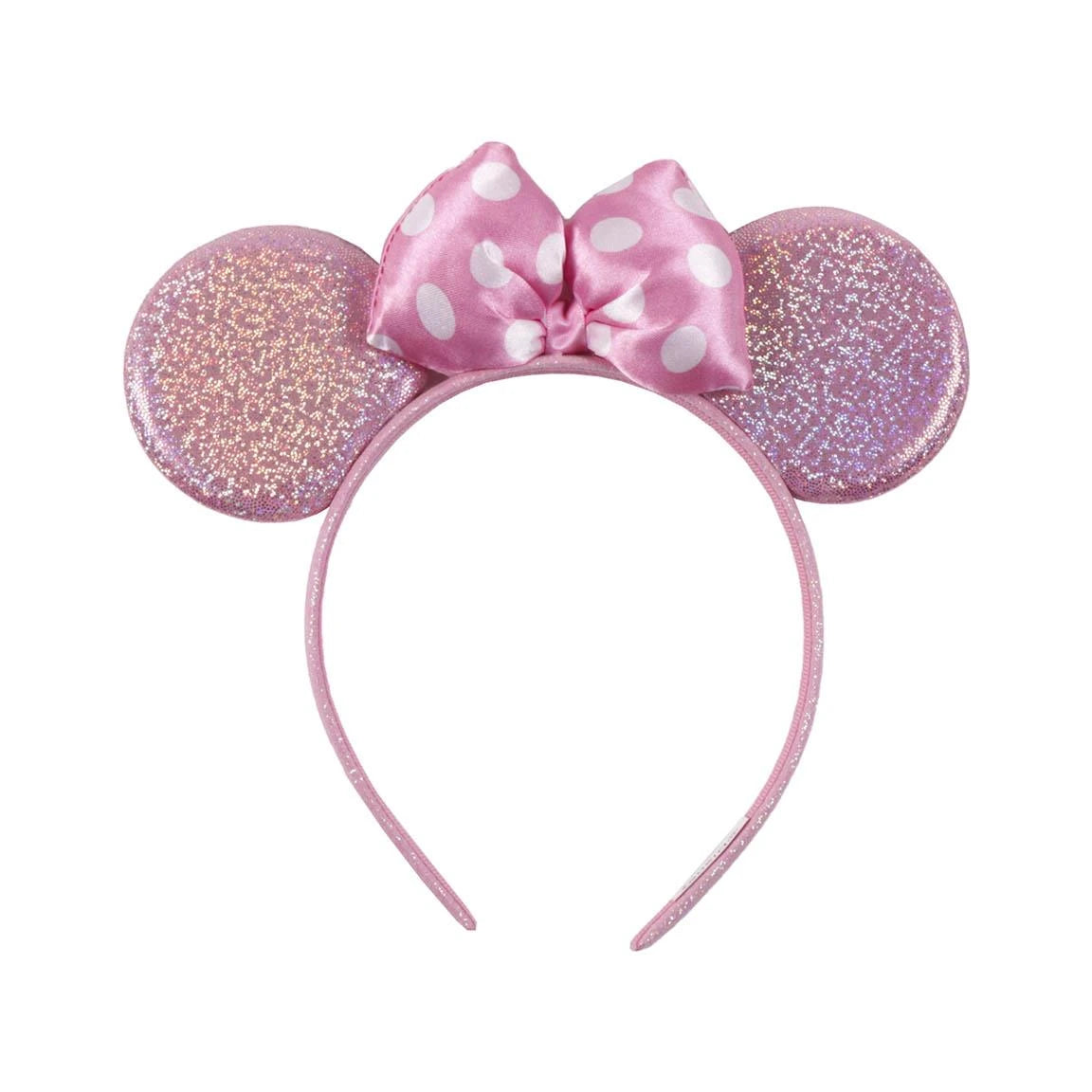 Minnie Mouse pink glitter ear headband with white polka dot bow