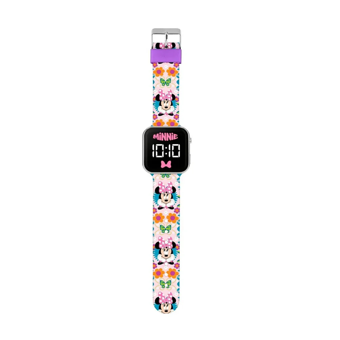 Full view of Minnie Mouse LED watch showing printed floral strap in Ireland.