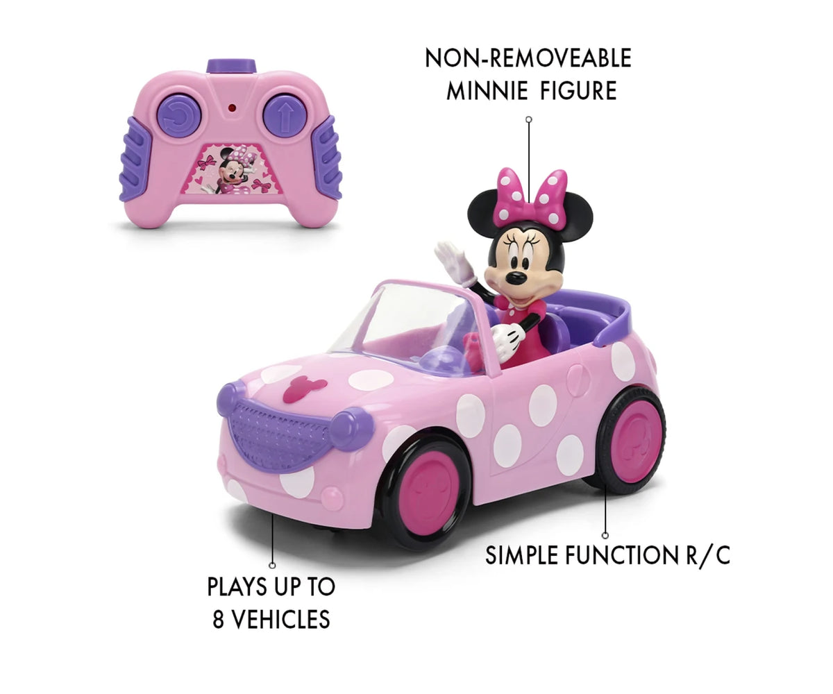 Minnie RC Roadster feature graphic showing the pink remote controller with purple direction buttons and Minnie Mouse permanently seated in the pink convertible.
