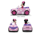 Minnie RC Roadster shown from the side, front and rear, with Minnie Mouse seated inside and a vehicle length measurement of 13.97 cm.