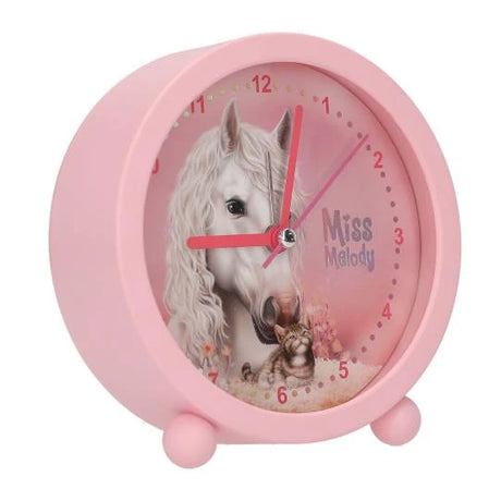 Miss Melody alarm clock angled side view with pink case and horse face design