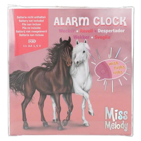 Back of Miss Melody alarm clock packaging with horse artwork and product information