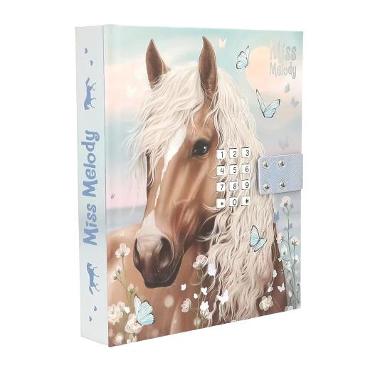 Angled Miss Melody diary showing the horse cover, number keypad, clasp and branded spine.
