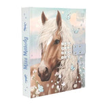 Angled Miss Melody diary showing the horse cover, number keypad, clasp and branded spine.