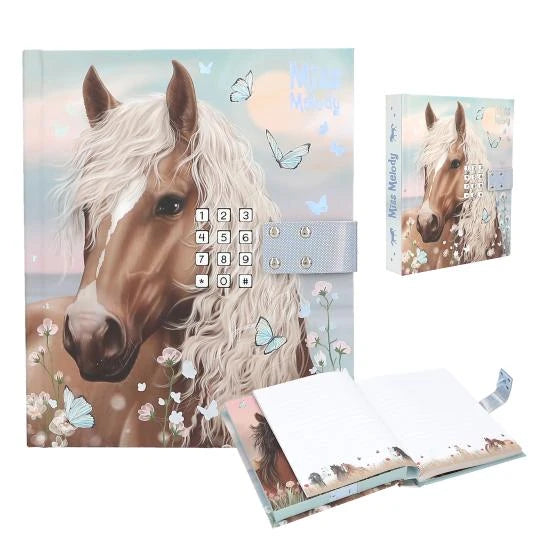 Miss Melody horse diary shown from the front and side beside open lined pages.