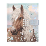 Miss Melody diary front cover with a brown horse, butterflies, flowers, number keypad and pale blue clasp.
