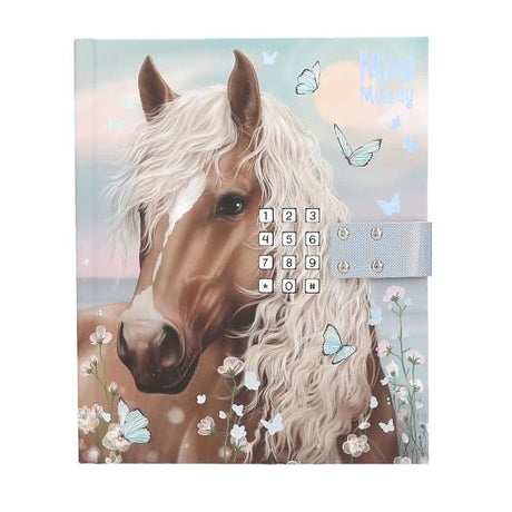Miss Melody diary front cover with a brown horse, butterflies, flowers, number keypad and pale blue clasp.
