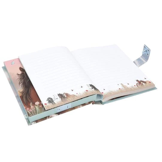 Open Miss Melody diary with lined pages and small horse illustrations along the bottom.