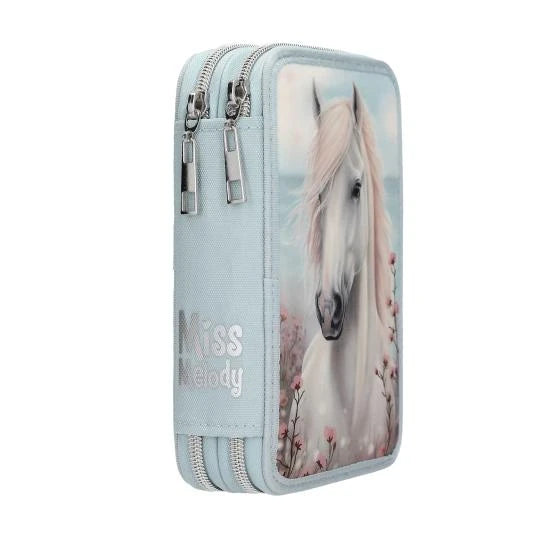 Miss Melody double pencil case angled side view with double zip compartments