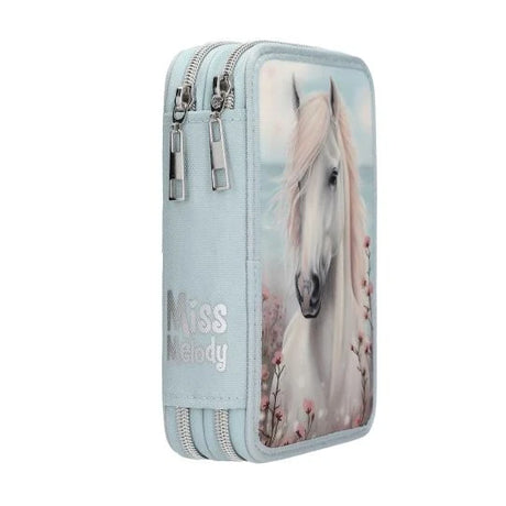Miss Melody double pencil case angled side view with double zip compartments