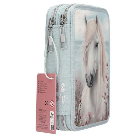 Miss Melody double pencil case angled view with horse design and hang tag